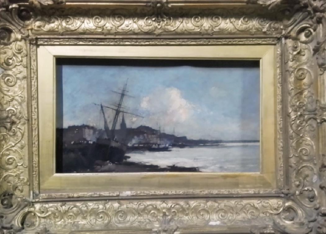 Bateau à quai sur la côte fleurie, scène portuaire. HST 22 x 41 cm-Galien laloue 1854-1941-Eugène 