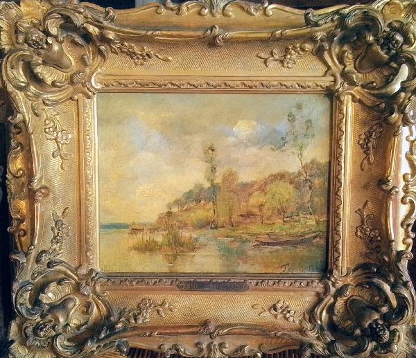 Paysage animé à la barque. HST 16 x 24 cm