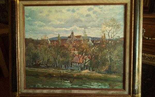 Vue de Moret-sur-Loing et son Eglise - HST - 50 x 64 cm-Luc Didier 1954+