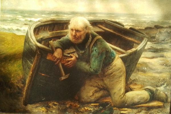 ”Le dernier radoub” sur une plage Normande. HST 40 x 55 cm-Emile Renouf 1850+1912