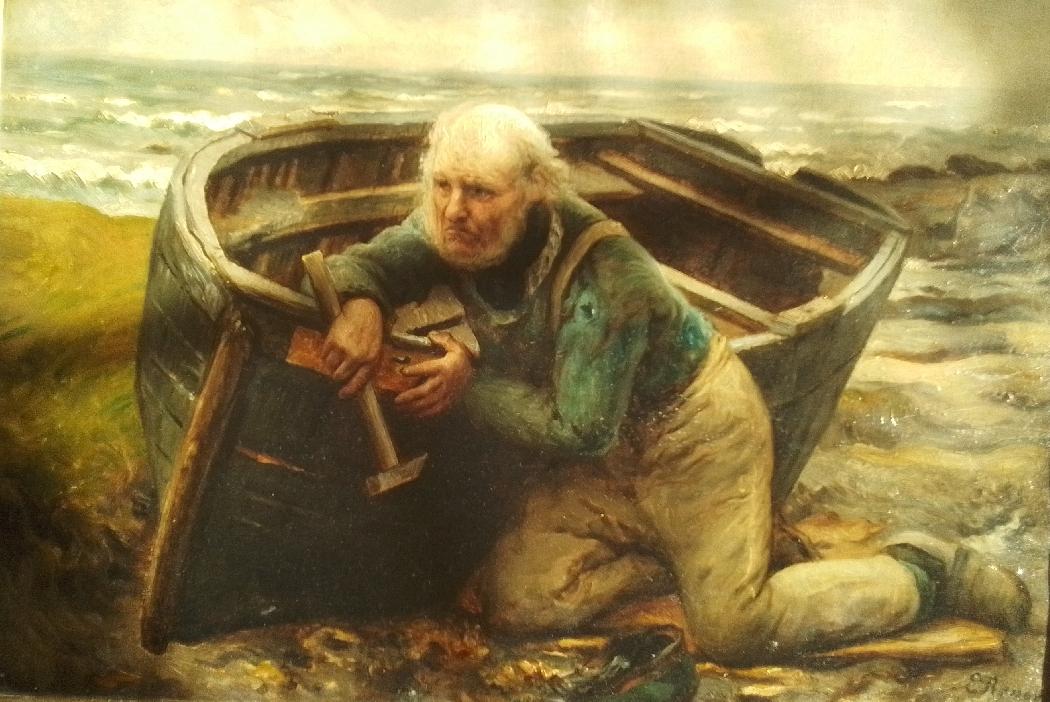 ”Le dernier radoub” sur une plage Normande. HST 40 x 55 cm-Renouf 1850+1912-Emile