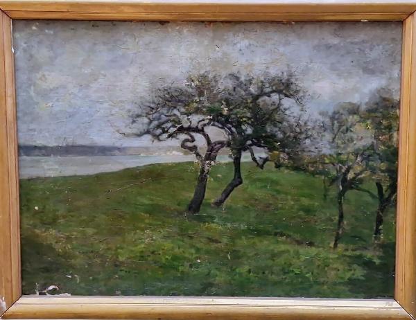 Paysage en bord de Seine avec pommiers. HST. 48 x 66 cm