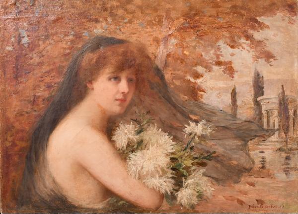 Élégante aux fleurs. HST 46 X 66 cm-Pierre Sezille des Essarts 1867+1950