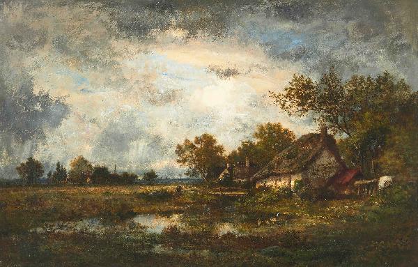 Paysage animé à la chaumière HP - 49 x 74 cm-Léon Richet 1843+1907