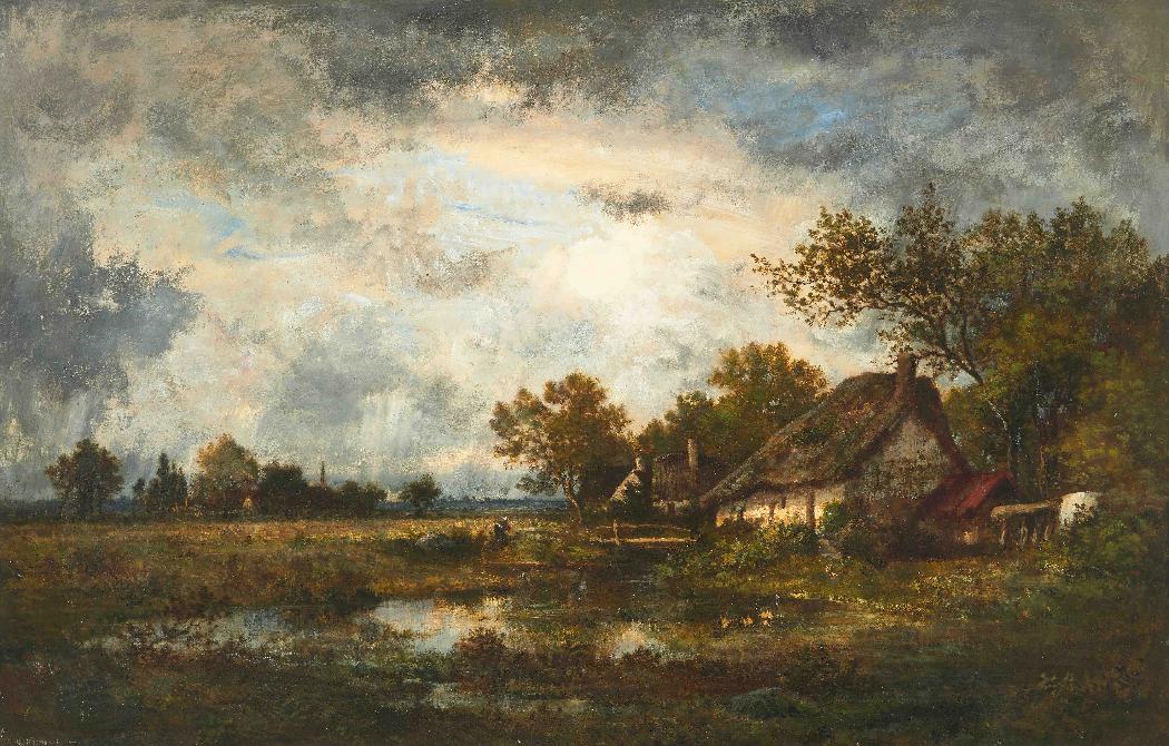 Paysage animé à la chaumière HP - 49 x 74 cm-Richet 1843+1907-Léon