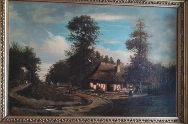 Paysage animé à la ferme, Normandie. HST 39.5 x 58.5 cm