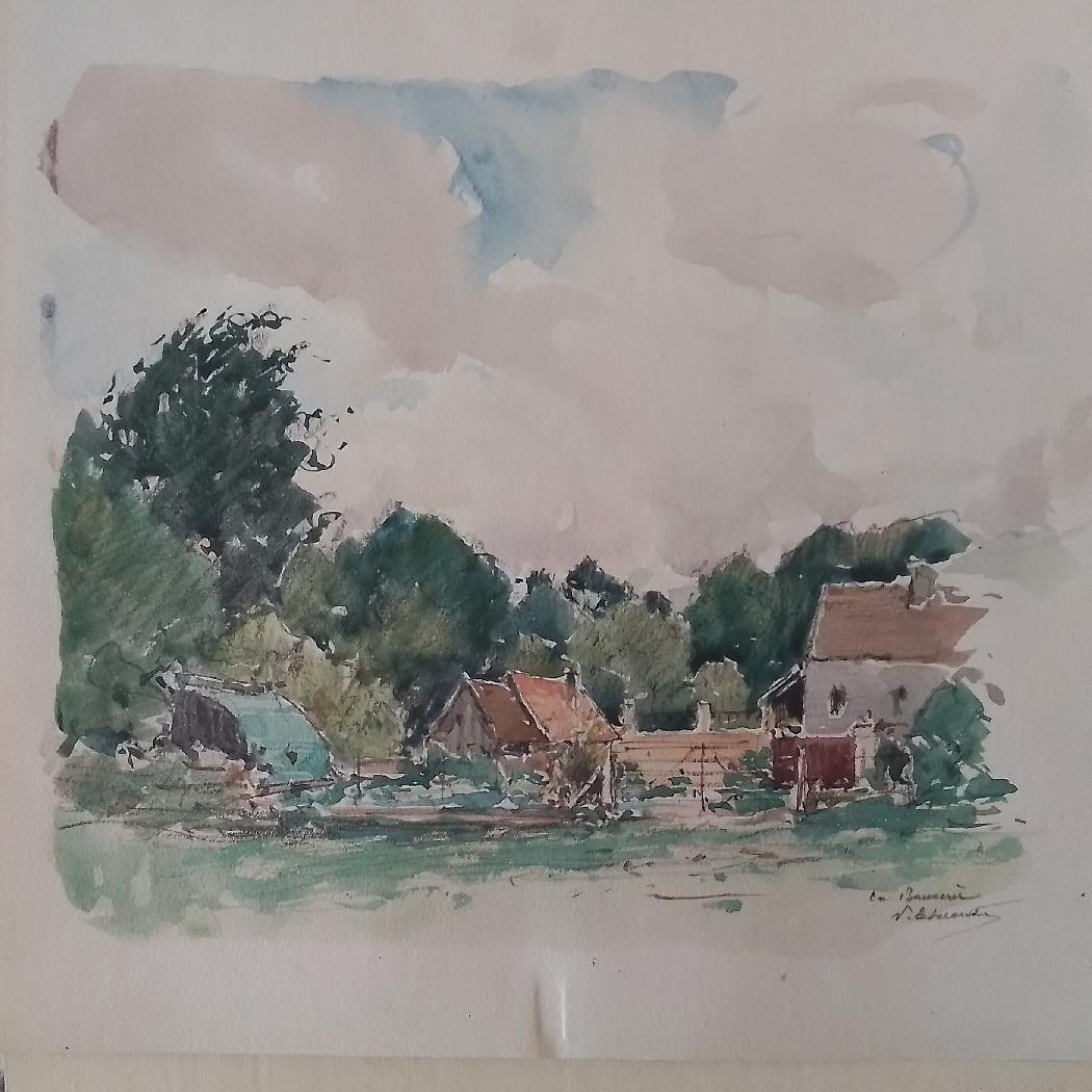 Paysage avec maisons et arbres. Aquarelle. 23 x 34 cm