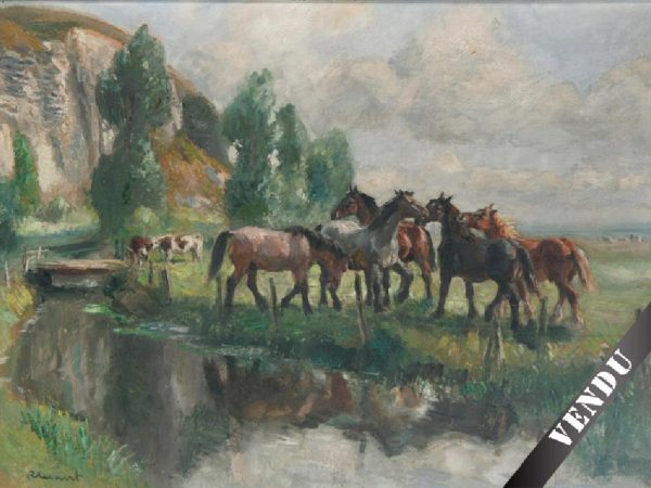 Paysage aux chevaux en Normandie. HST 50 x 70.5 cm