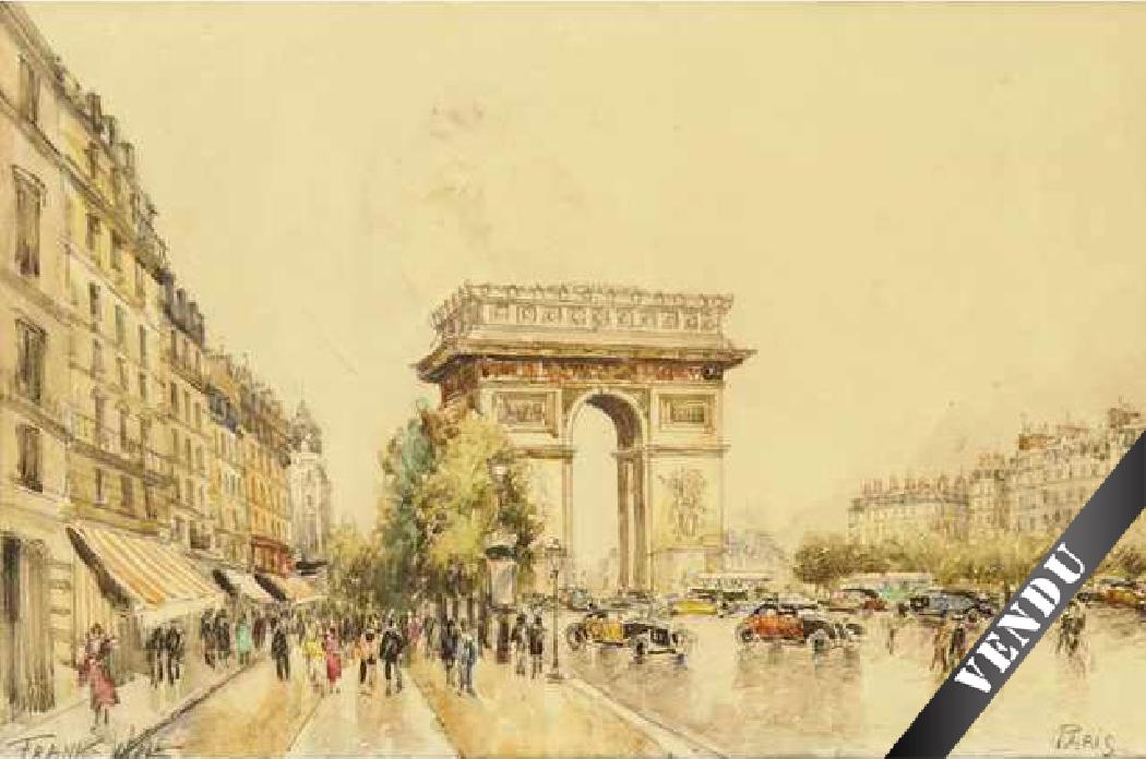 Paris, Le Boulevard des champs Elysées et l’arc de triomphe. Aquarelle 24.5 x 37.5 cm