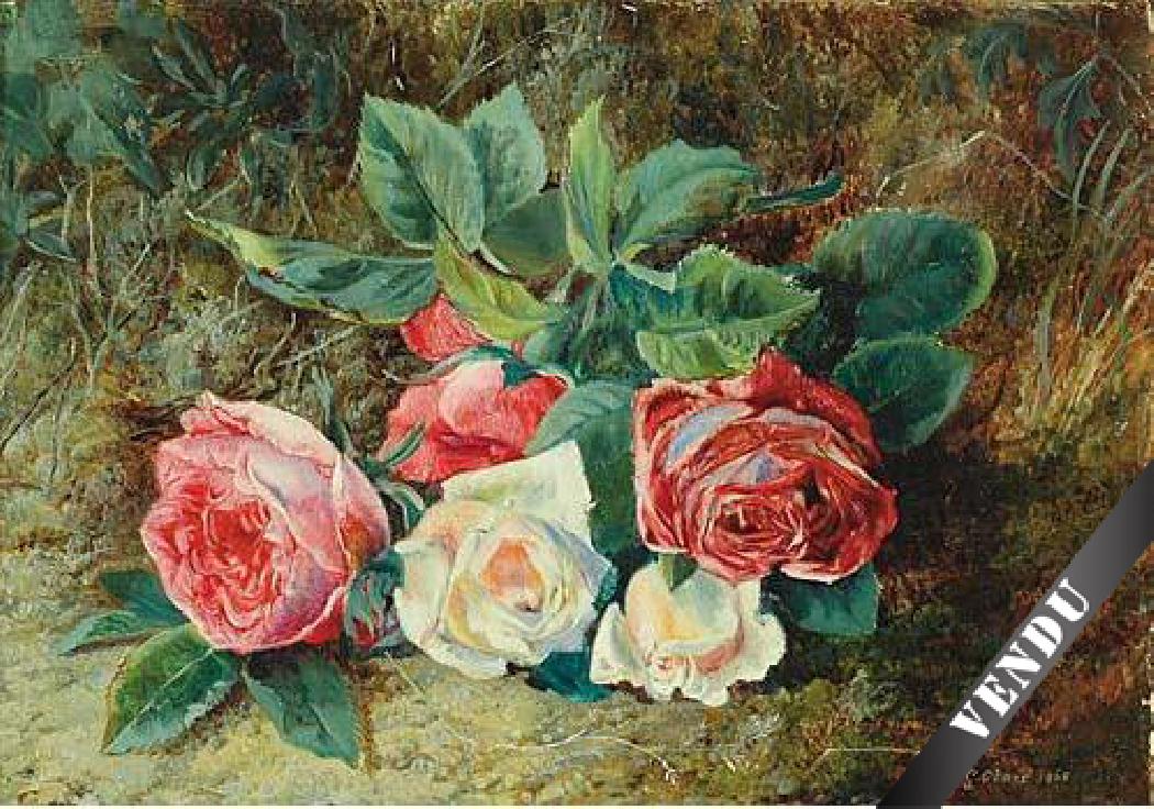 Flower composition on a mossy bank. O/C 20 X 26 cm