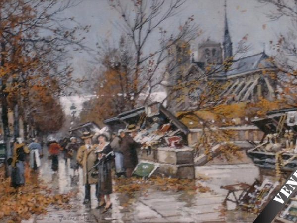 Les bouquinistes derrière Notre Dame. Gouache. 18 x 29 cm
