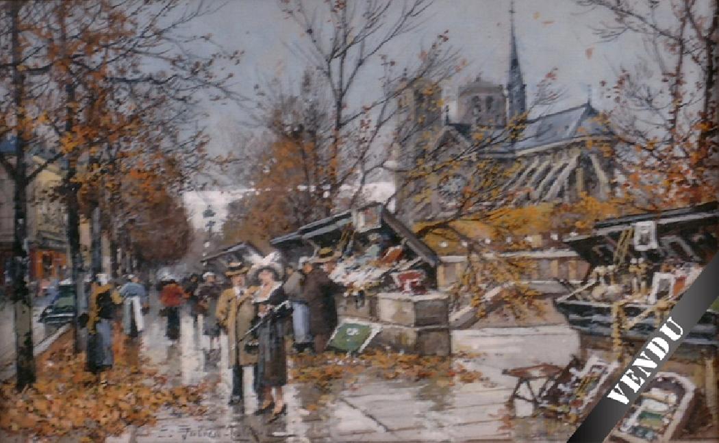 The bouquinists behind Notre-Dame in Paris. Gouache. 18 x 29 cm