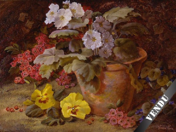 Composition aux fleurs sur fond de nature. HST 20 x 14 cm