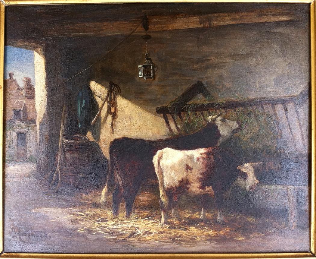 Scène d'étable with two cows. O/B 22 x 27 cm