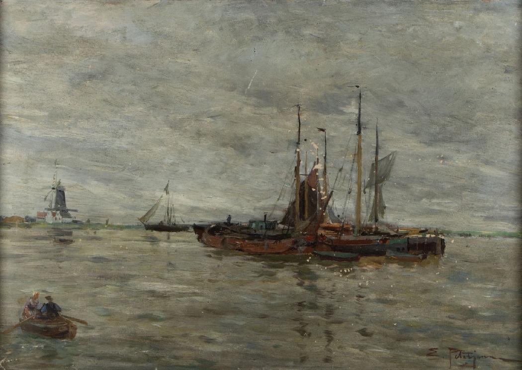 Three sailboats at anchor, Holland view with mill. O/ C 46 x 66 cm