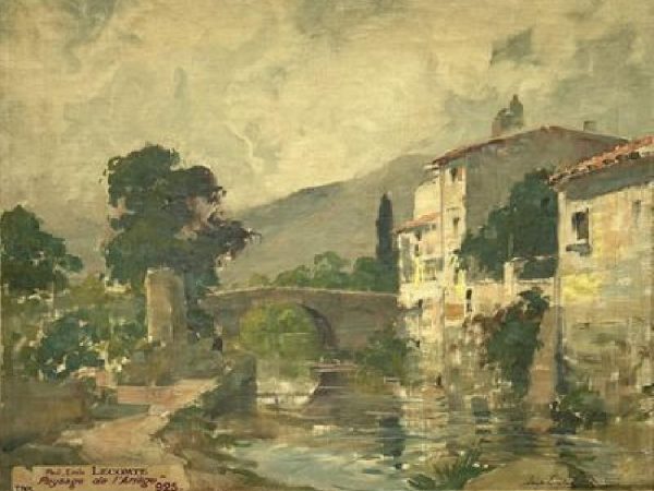 Paysage de l’Ariège, Village en bordure de rivière. HST 51 x 70 cm