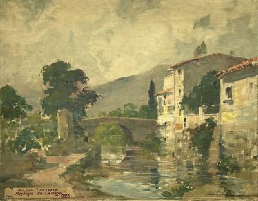 Paysage de l’Ariège, Village en bordure de rivière. HST 51 x 70 cm