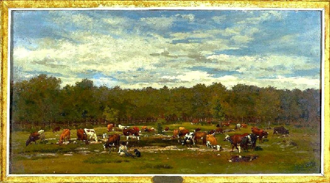 Landscape with cows and washerin women. O/W 68.5 x 38.5 cm