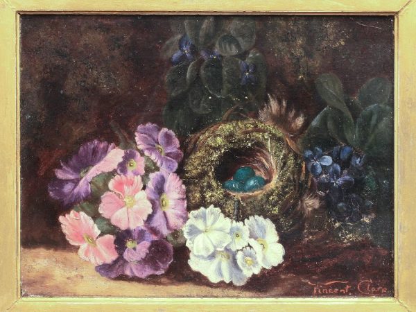 Composition aux fleurs et nid sur fond de nature. HST 18 x 24 cm