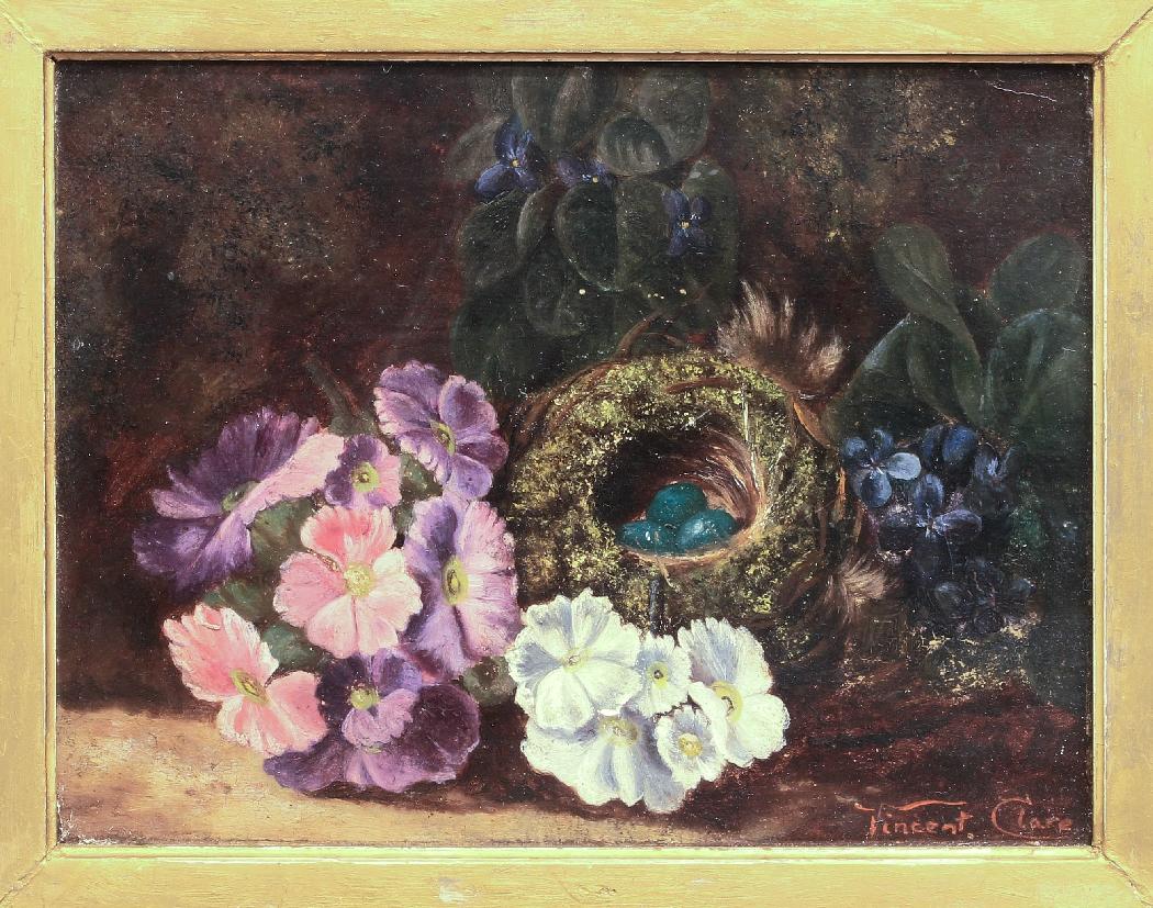 Flowers and nest on a mossy bank. OC 18 x 24 cm