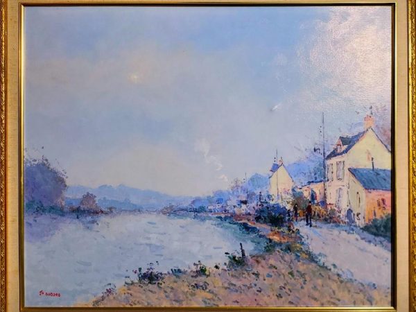 Le chemin de halage animé en Normandie. HST 50 x 61 cm