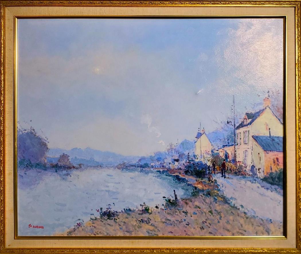 Le chemin de halage animé en Normandie. HST 50 x 61 cm