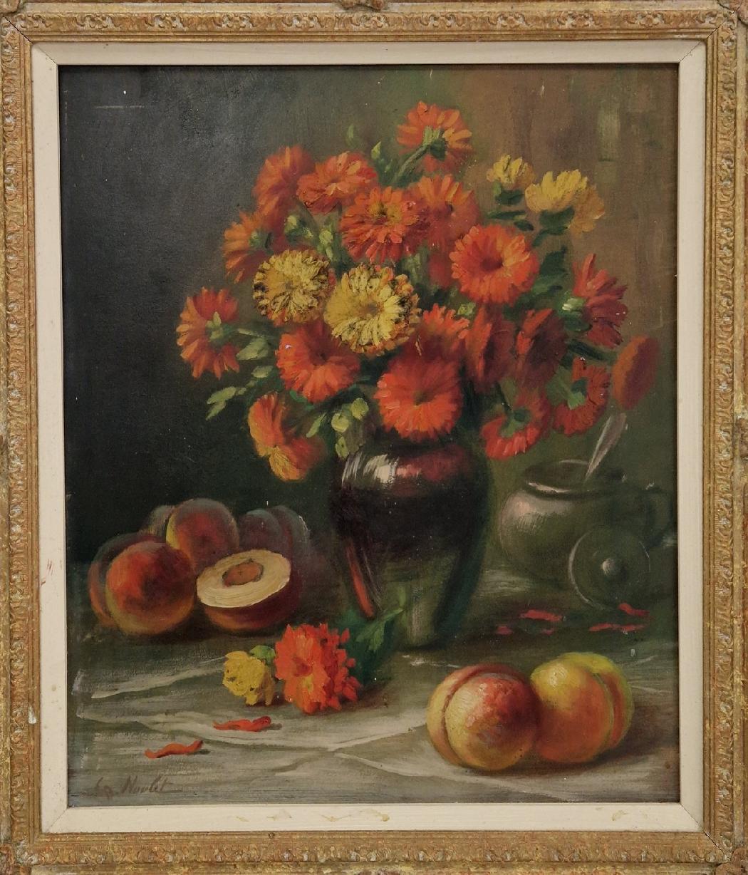 Composition aux fleurs et pêches – HSB – 38 x 46 cm
