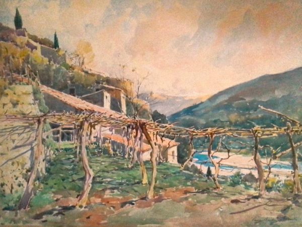Village de Provence (la Gattière). Aquarelle sur carton. 50 x 65 cm