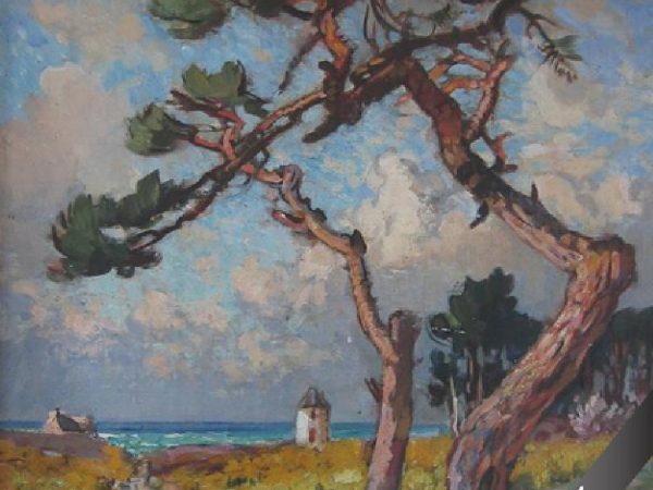 Paysage de Bretagne, pins en bordure de mer. HST 25 x 40 cm