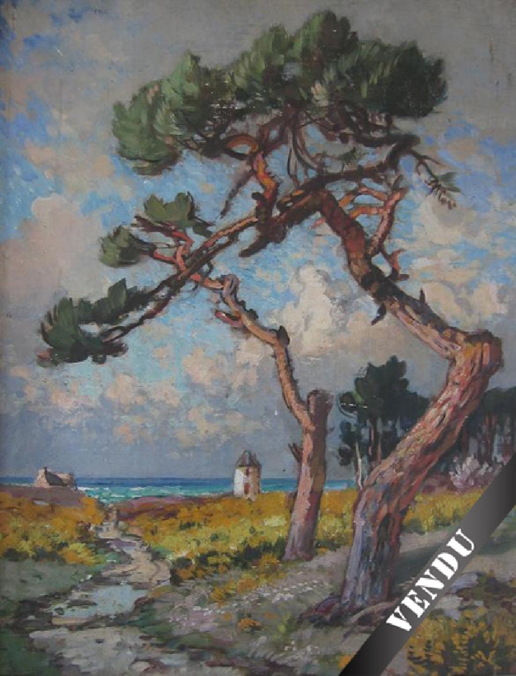 Paysage de Bretagne, pins en bordure de mer. HST 25 x 40 cm