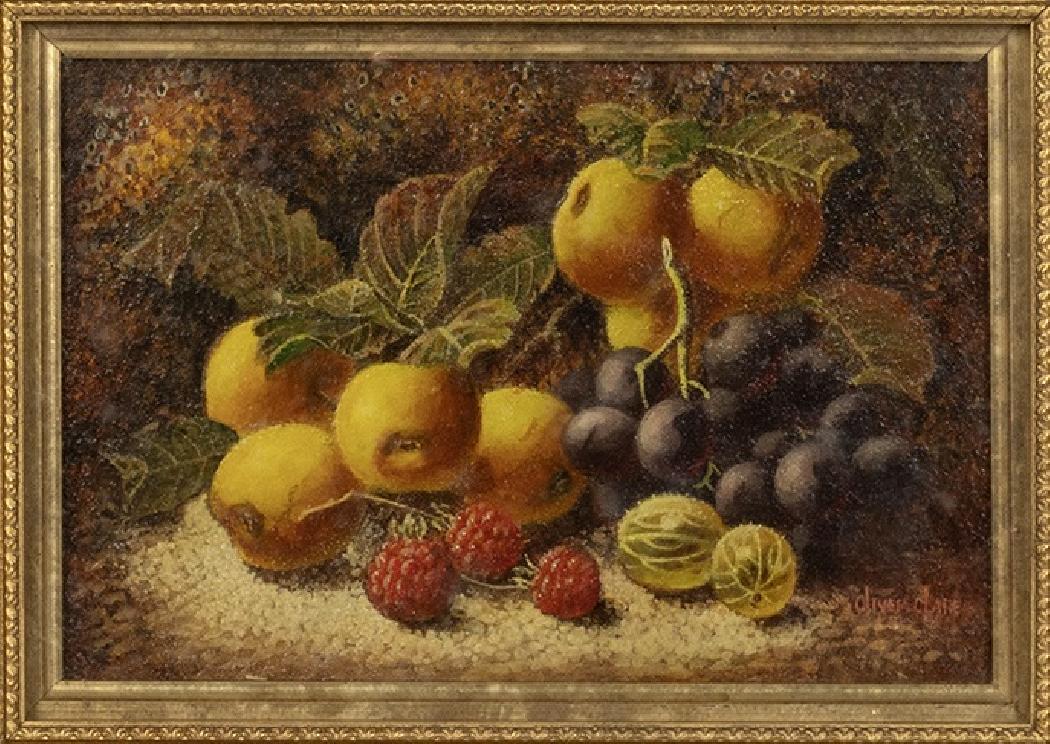 Fruit composition on a mossy bank. O/ W 22 x 28 cm
