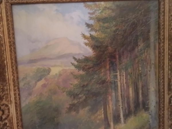 Scène avec cavalier au loin dans la forêt. Gouache montée sur châssis 57 x 82.5 cm