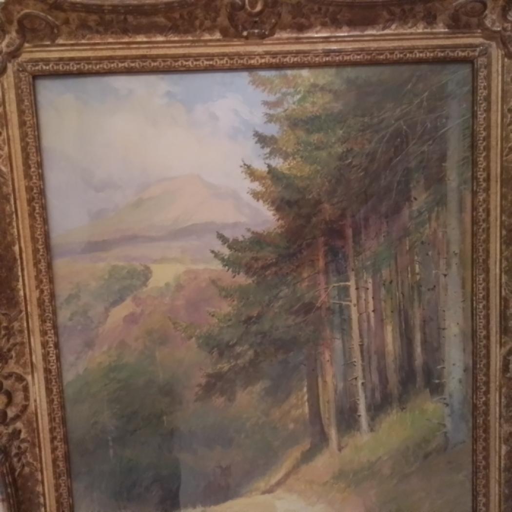 Scène avec cavalier au loin dans la forêt. Gouache montée sur châssis 57 x 82.5 cm