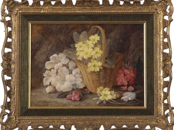 Composition au panier de fleurs sur fond de nature. HST 22 x 30 cm