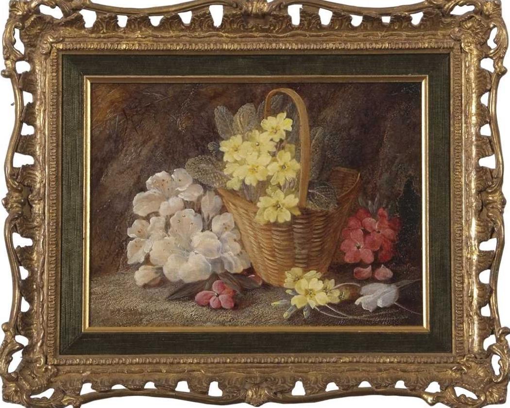 Composition au panier de fleurs sur fond de nature. HST 22 x 30 cm