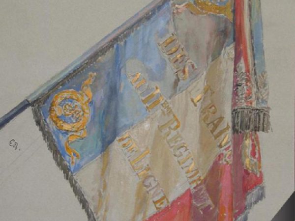 Drapeau du XIème régiment de ligne époque Louis Philippe – Aquarelle – 25 x 35 cm
