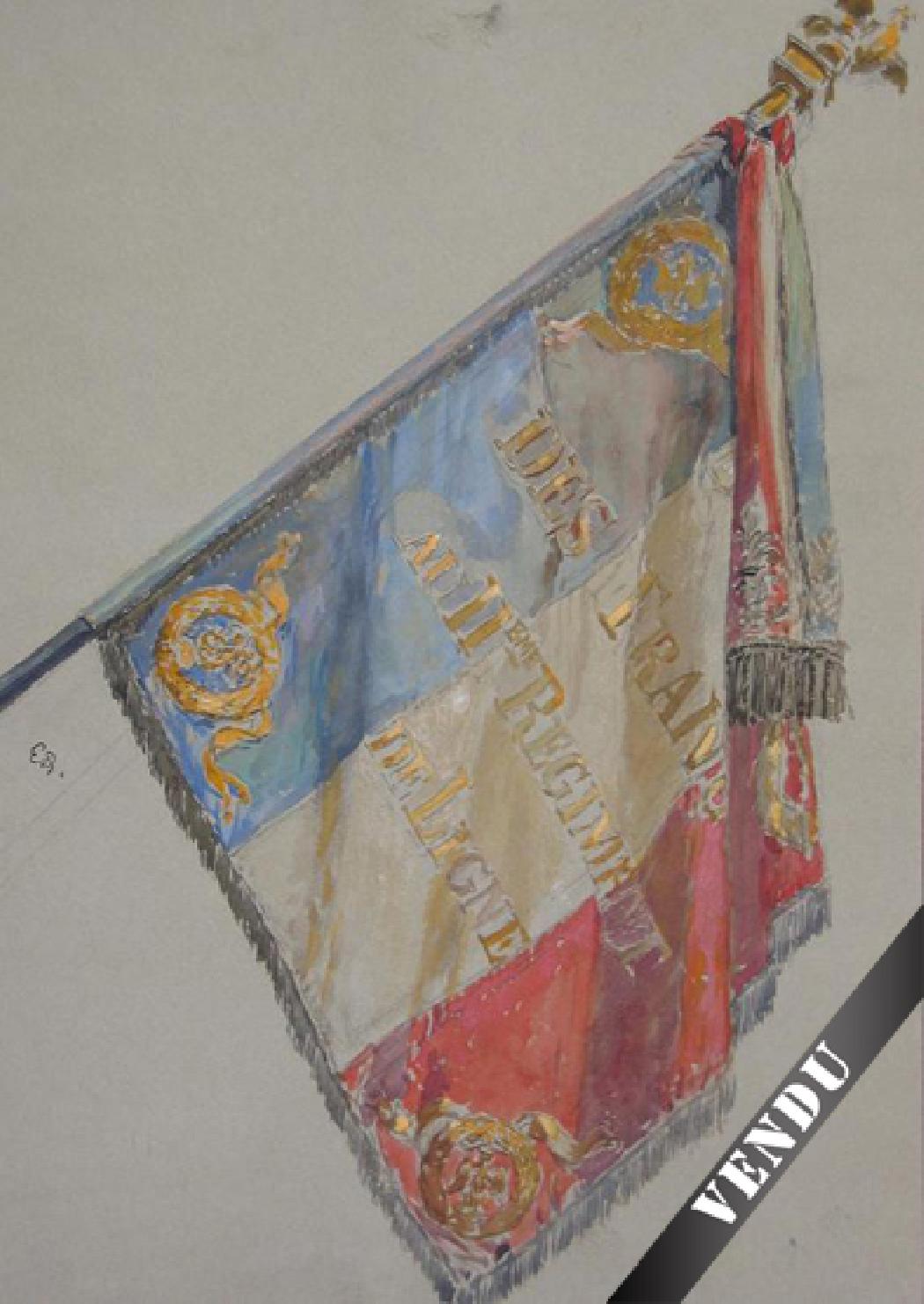 Flag of the XIth Regiment de ligne under Louis Philippe - Watercolor - 25 x 35 cm