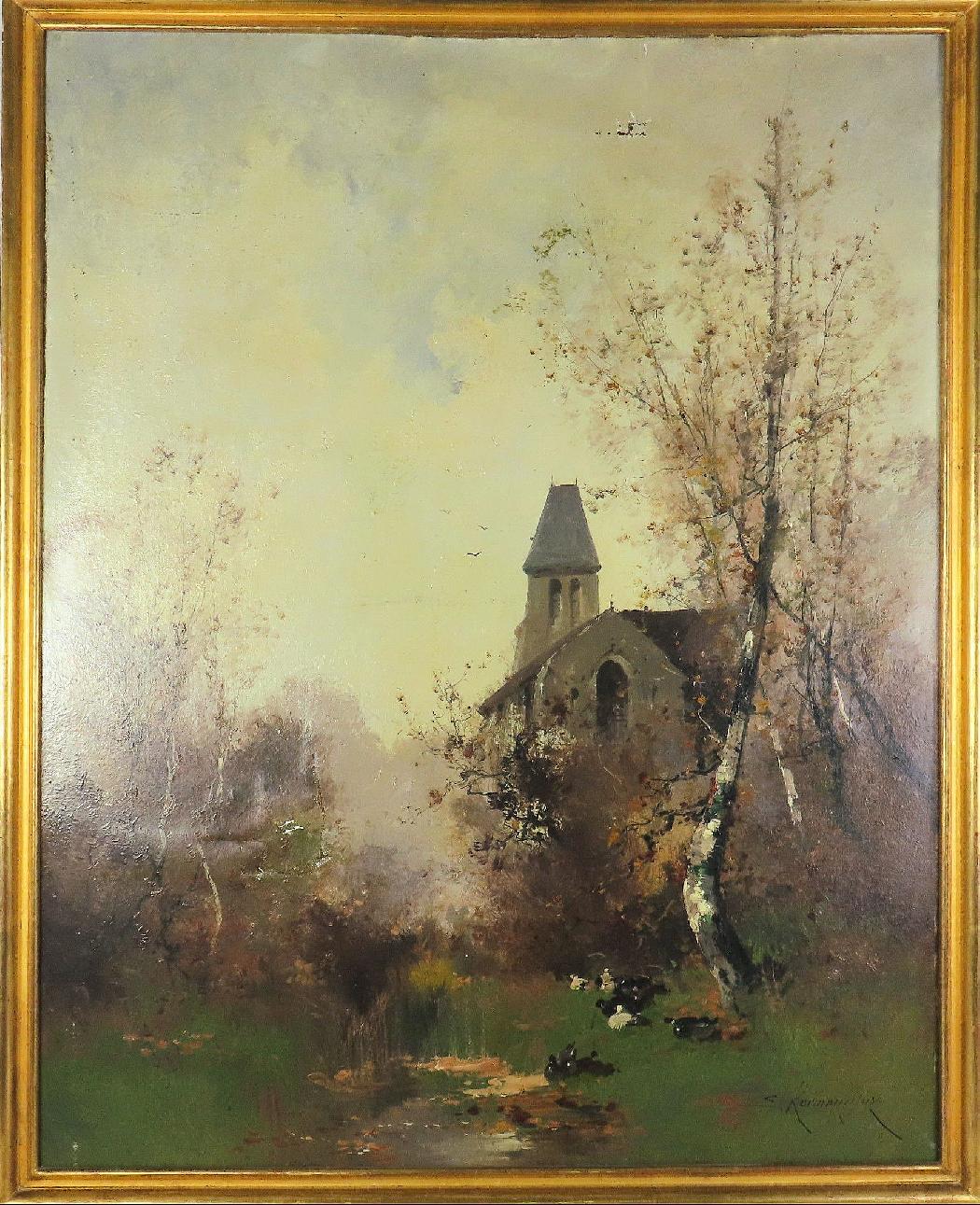 Scène de village animé avec Église- Normandie – HST – 92 x 73 cm