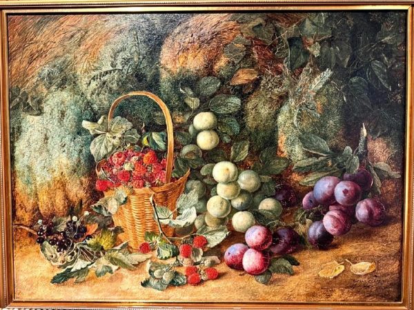Composition aux fruits sur fond de nature. HST 66 x 51 cm
