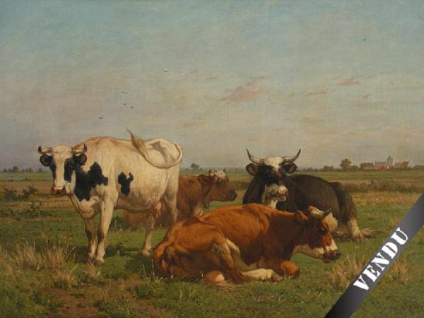 Paysage animé aux vaches. HST 82 x 100 cm