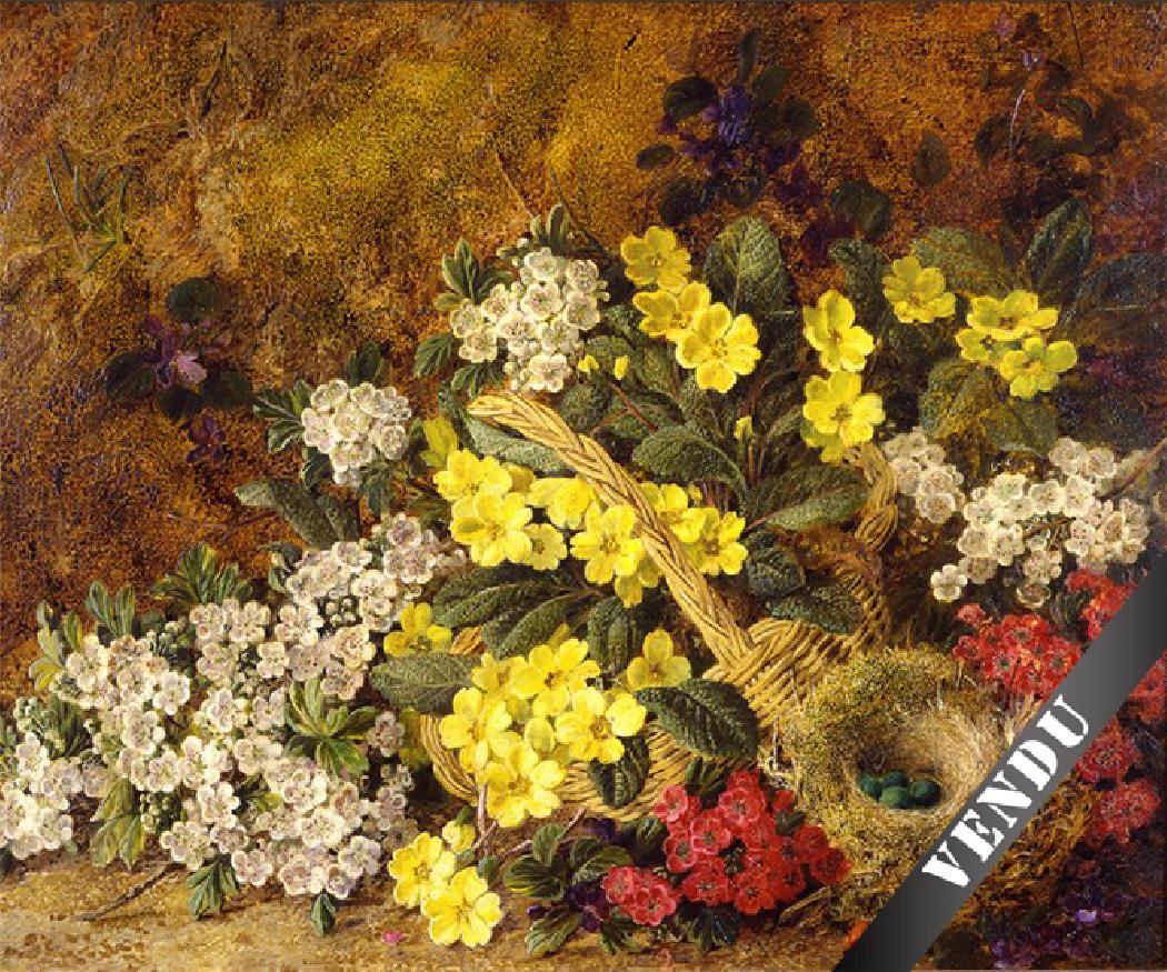 Flowers composition on a mossy bank. O/C 20 x 14 cm