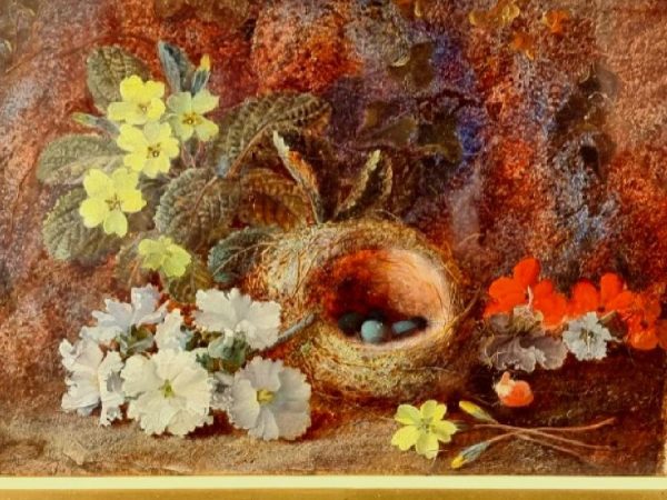 Composition aux fleurs et nid sur fond de nature. HST 22 X 30 cm