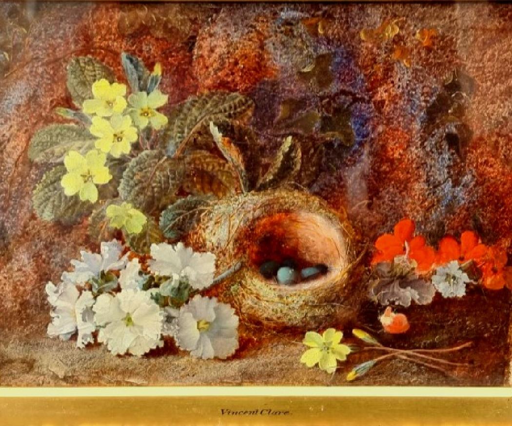 Composition aux fleurs et nid sur fond de nature. HST 22 X 30 cm