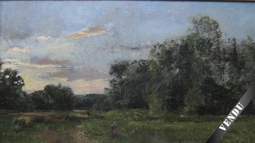 Paysage animé à la prairie avec personnage. HSP. 20 X 35 cm
