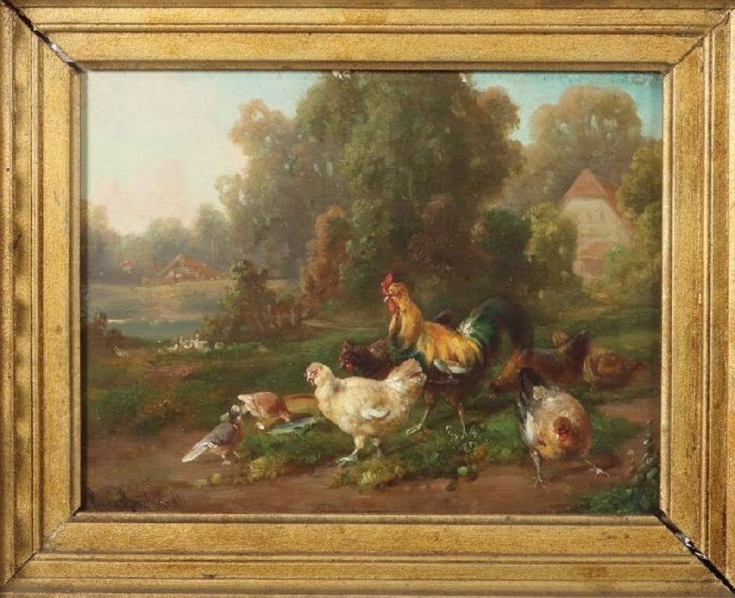 Composition aux coq et poules – HP – 18 x 24 cm