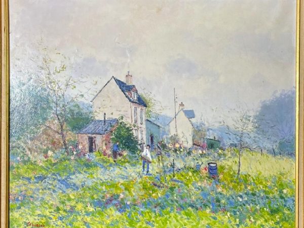 Paysage animé en Normandie au printemps. HST 54 x 65 cm