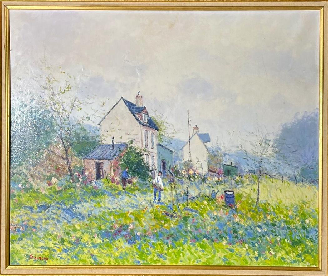 Paysage animé en Normandie au printemps. HST 54 x 65 cm