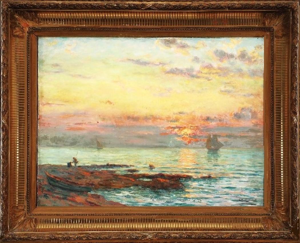 Vue sur mer, effets du soir au couché. HST 55 x 72 cm