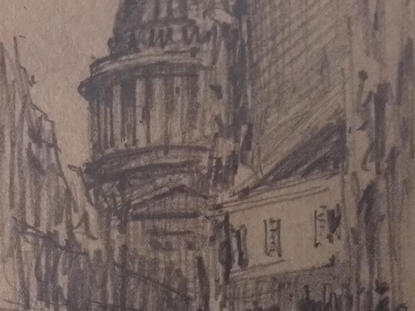 Paris, vue animée sur le Panthéon. Crayon 16 x 11 cm