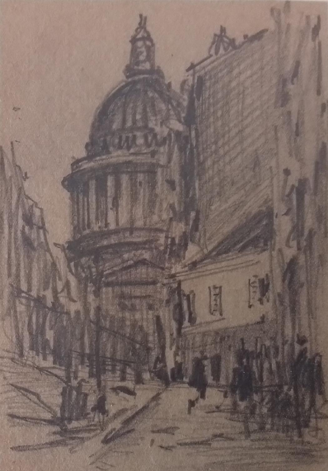 Paris, vue animée sur le Panthéon. Crayon 16 x 11 cm